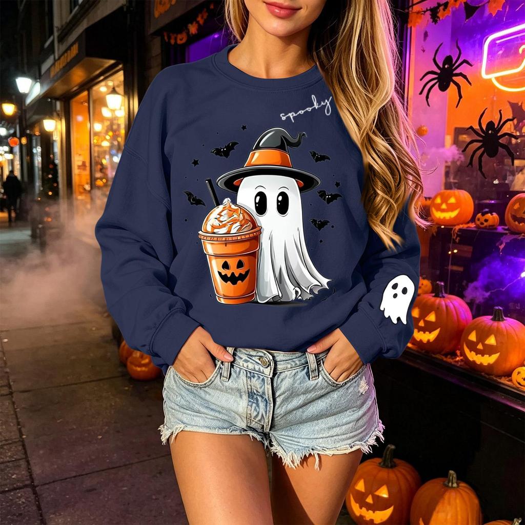 Unisex Halloween Print Long Sleeve Neck Pullover Sweatshirt, Lightweight Casual Top for Men and Women