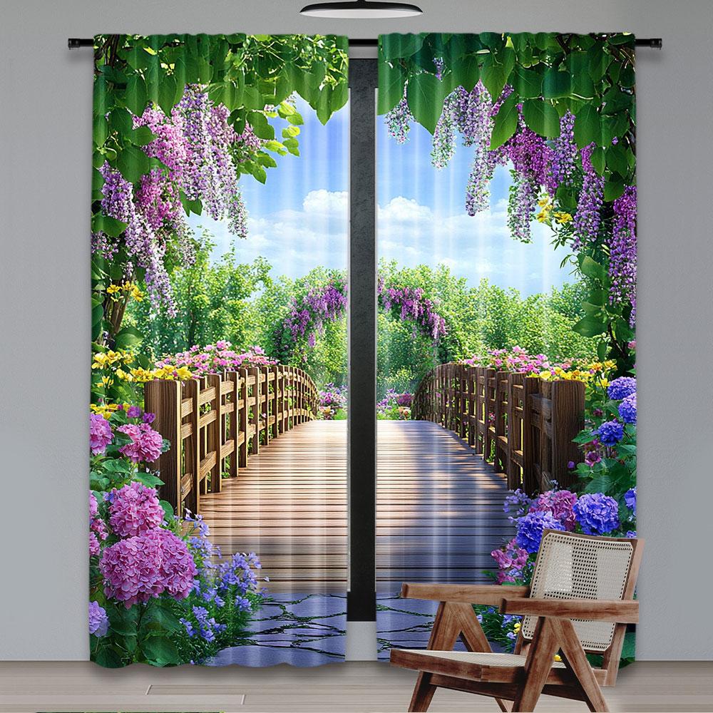 

2 шт. Красочные цветы Распускающиеся шторы Деревянный мост Цветочный сад Штора для гостиной, спальни и многих других случаев А 29x65in(75x166cm)