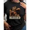 European Size Blessed Cowgirl Christian T-Shirt - African Leopard Print Western Style with Blessing Affection - - Casual Wear for Church Events