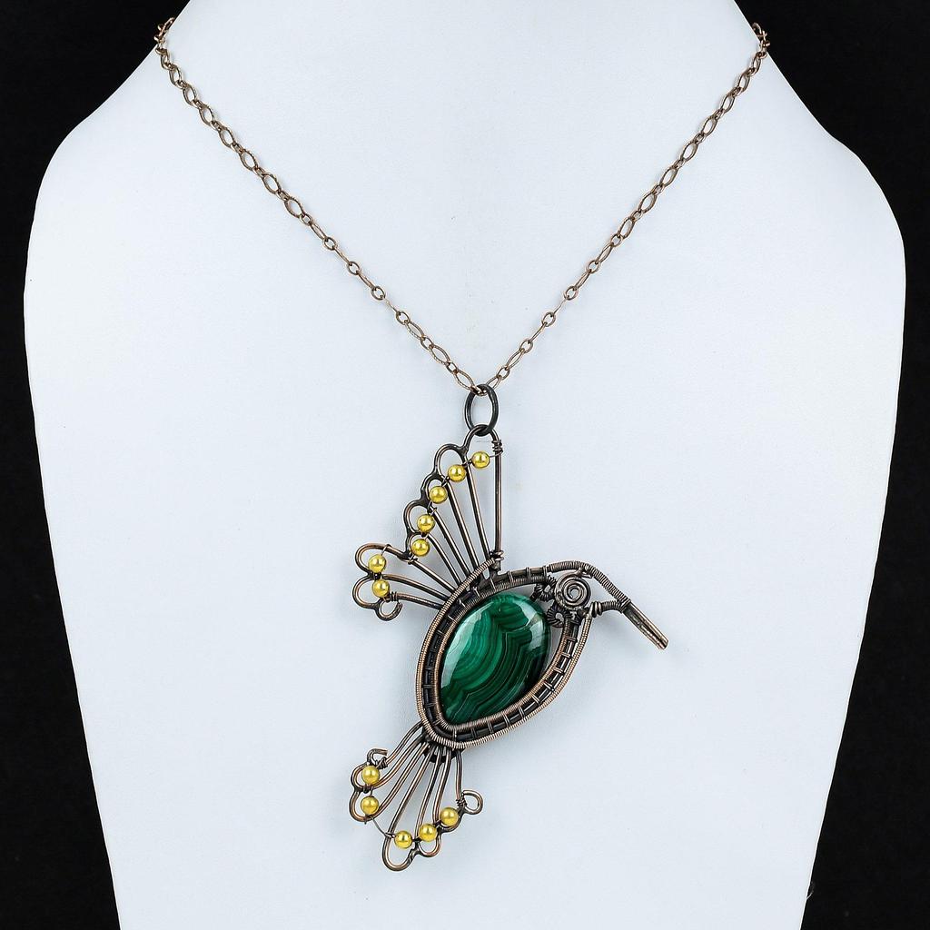 Malachite Pendant Copper Wire Wrapped Pendant Natural Gemstone Jewelry Handmade Pendant Copper Wire Wrap Jewelry Bird Pendant Gift For Women