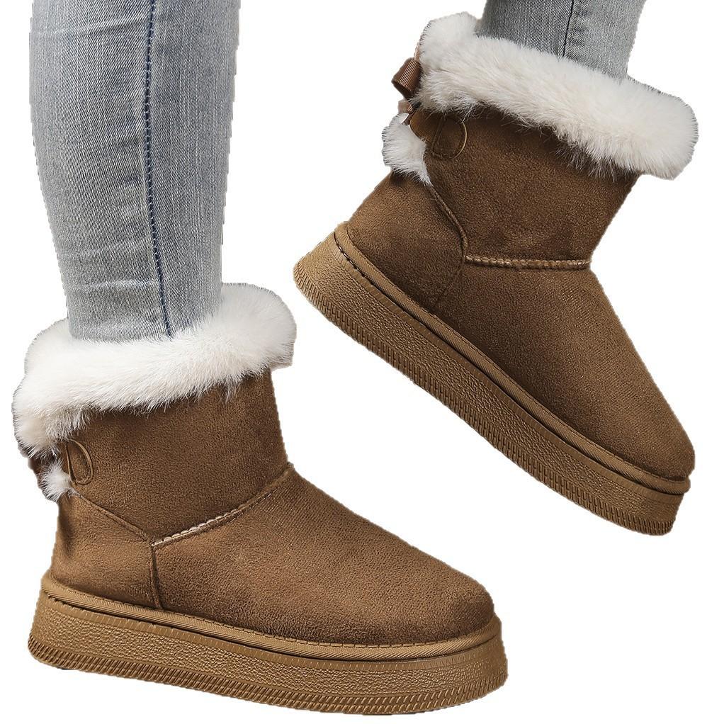 Large Size Short Snow Boots Women's Autumn and Winter New Bow Thick-soled Piled Thickened Warm Cotton Boots