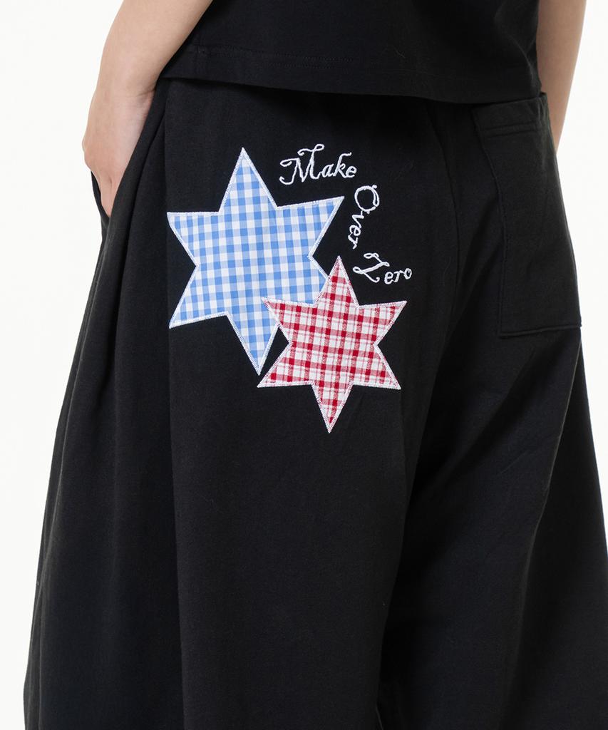 MOZMOZ Star Patch Side Pleated Wide Training Pants Black