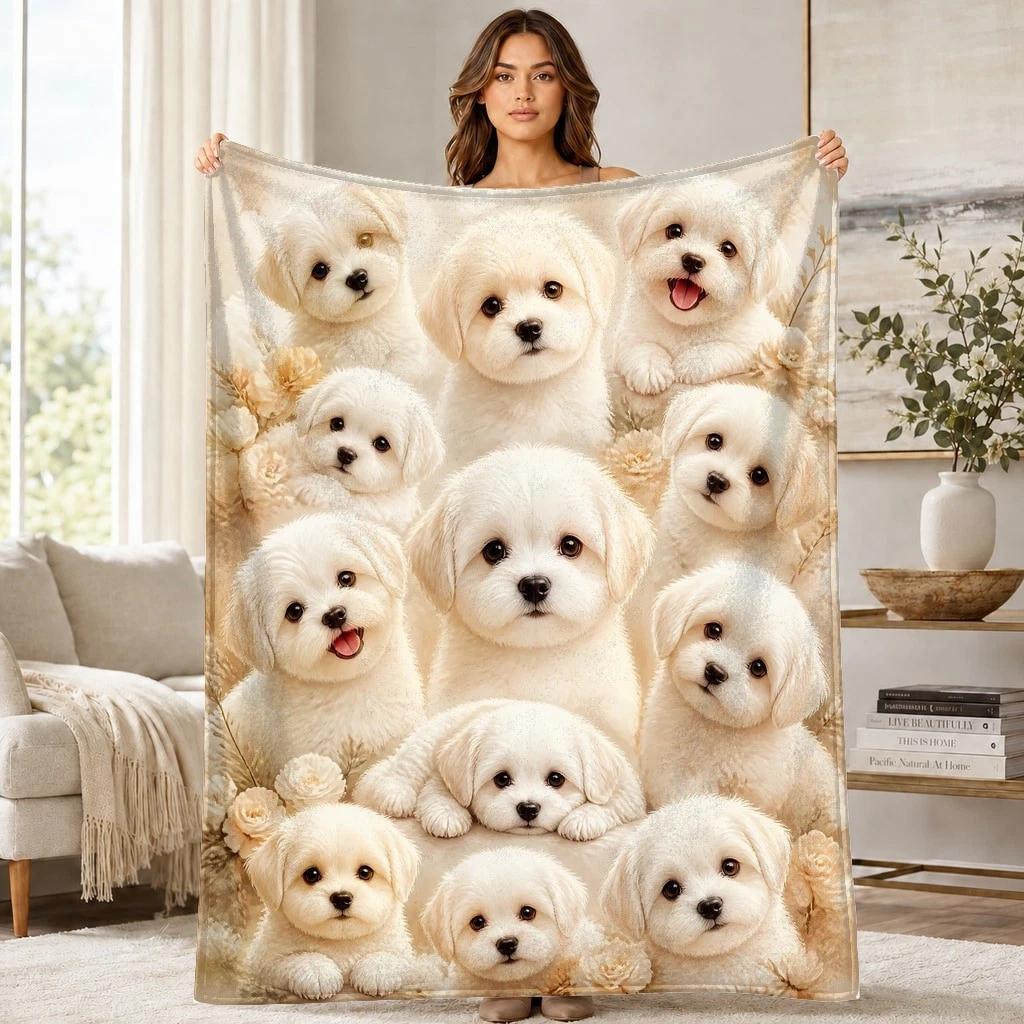 Fluffy White Puppy Portraits Coral Fleece Blanket Dog Lover Decor