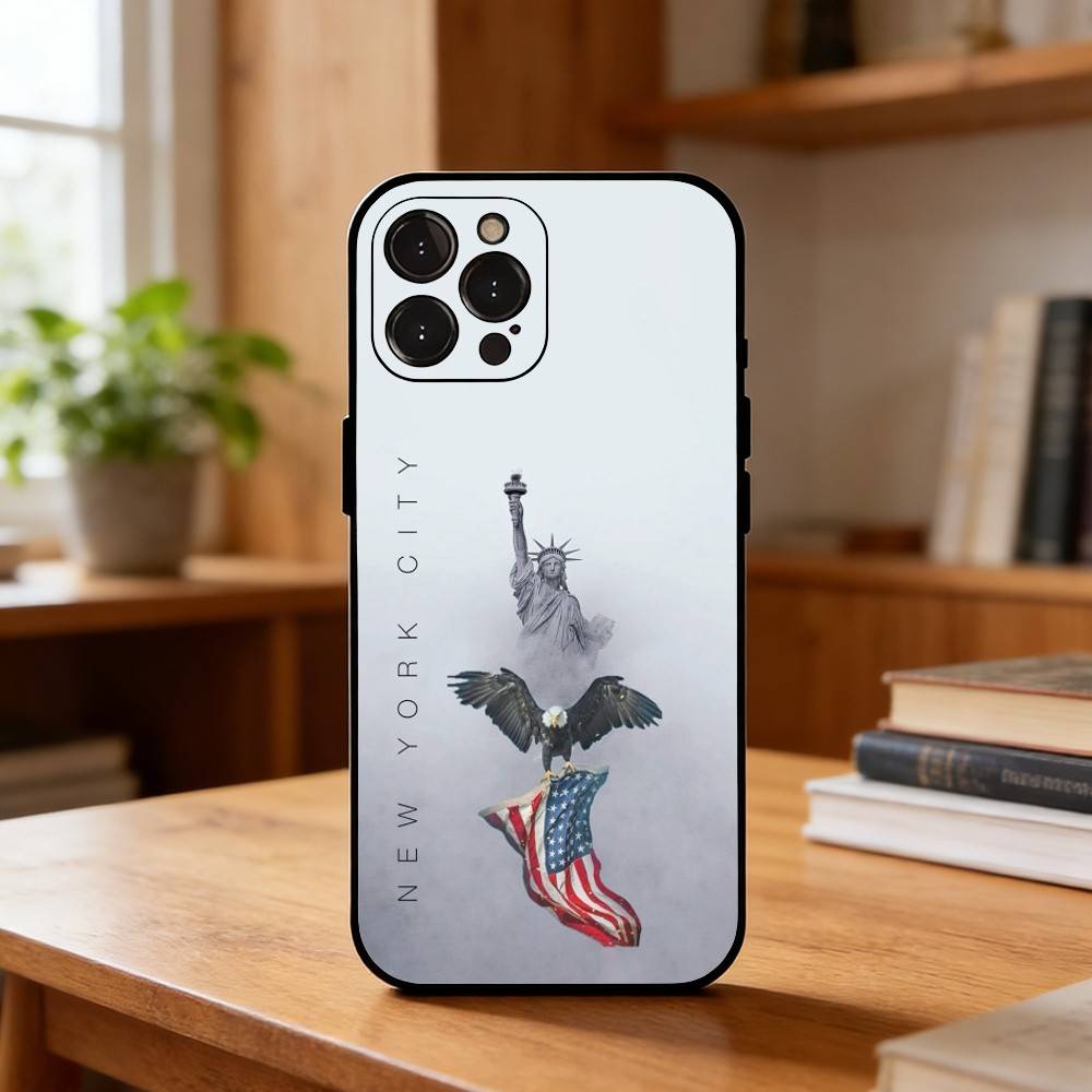 Statue L-Liberty America USA Flag Phone Case For iPhone17,16,15,14,13,12,Plus,Pro Max, 5G Others Soft Black Cover