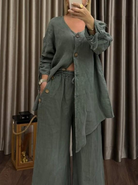 Women's V-Neck Button Down Cardigan and High Waisted Wide Leg Pants Set, Long Sleeve Tie Waist Top with Pockets, Solid Color Casual Loungewear
