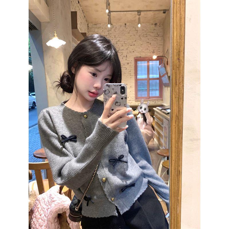 Kumikumi Sweet Style Three-Dimensional Bows Knitting Cardigan Women's Clothes Autumn Youthful-Looking Loose Gray Coat Tops
