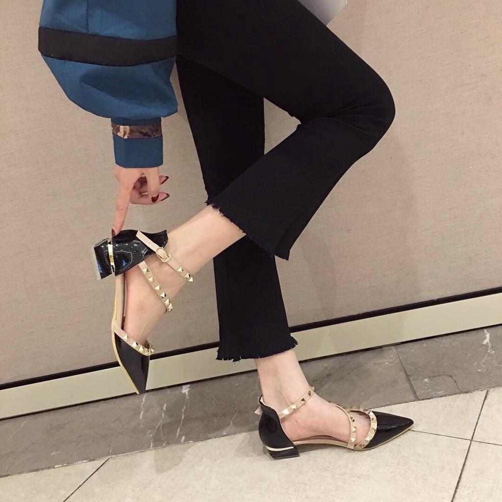 2025 Spring Summer Shoes Women Low Heels Fashion Brand Pointed Toe Rivets Elegant Ladies Heel 3cm Black Red Plus Size 41