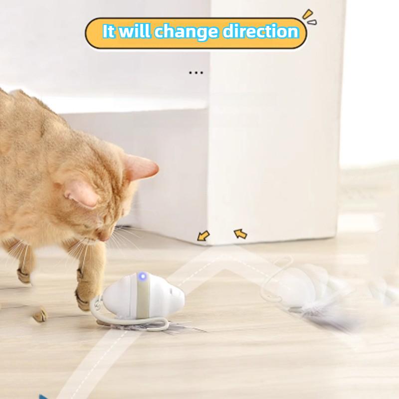 360 ° Rolling Mouse Shaped Cat Toy Automatic Glowing Feathers Cat Teasing Toy Usb Charging Indoor Fun Animal Game Interactive Companion Pet Supplies