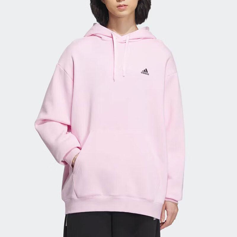 Adidas Solid Color Hooded Thickened Fleece Lined Casual Pullover Sweatshirt Unisex Clear Pink (Unisex) Sweatshirts IV7587