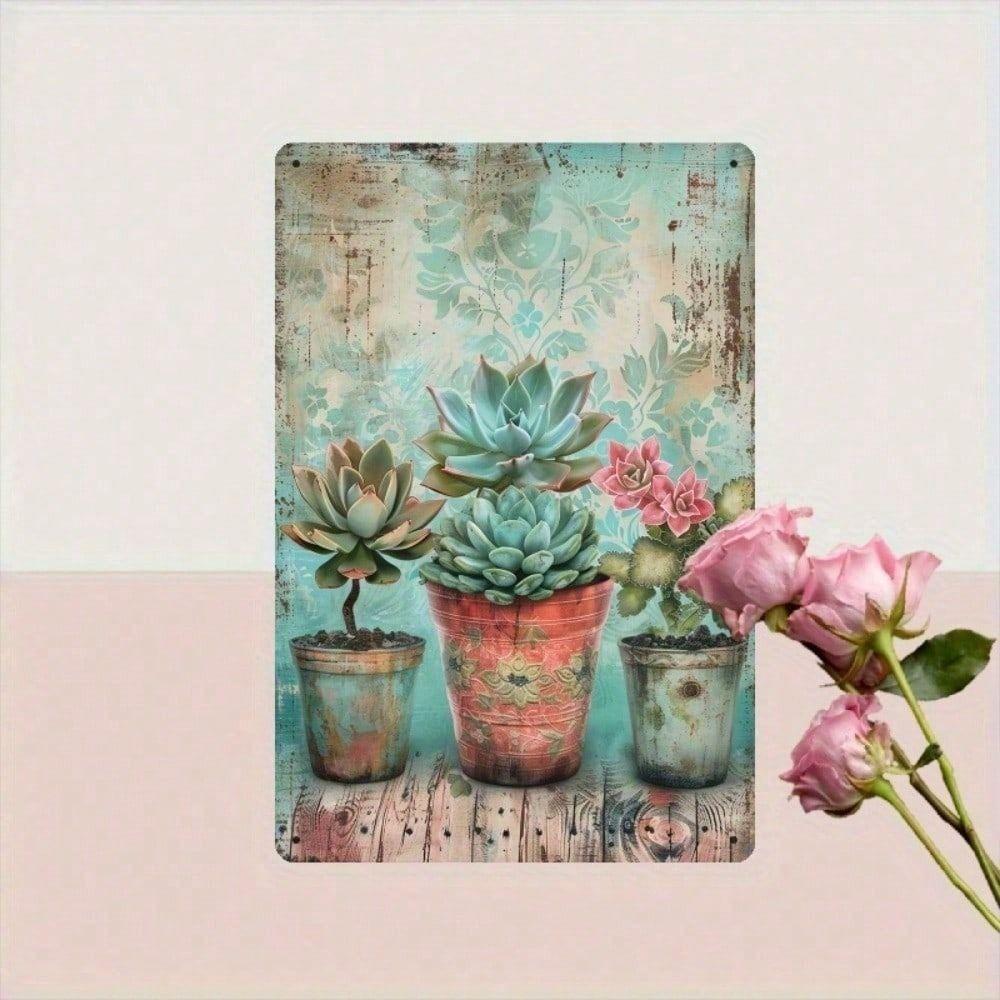 Vintage Succulent Metal Wall Art, Rustic Waterproof Iron Poster for Home Decor, 8x12 Inch