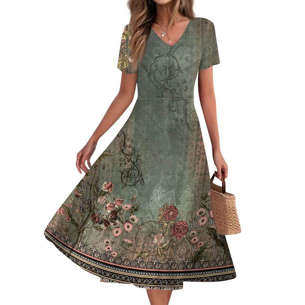 Women's Summer Casual Fashion Print Pocket Short Sleeve V-Neck Swing Dress