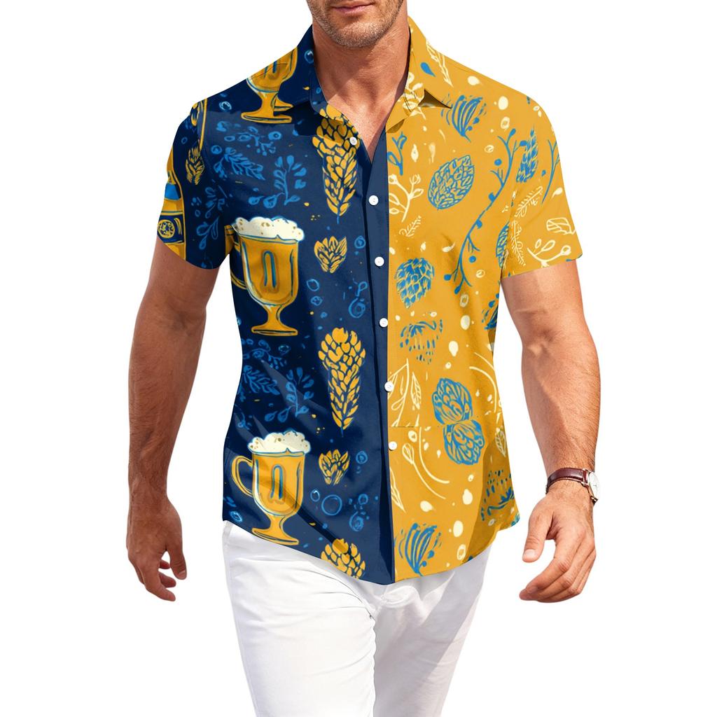 Men's Casual Short Sleeve Button Down Shirt Beer Mug Print Lightweight Breathable Fabric Relaxed Fit Summer Shirt
