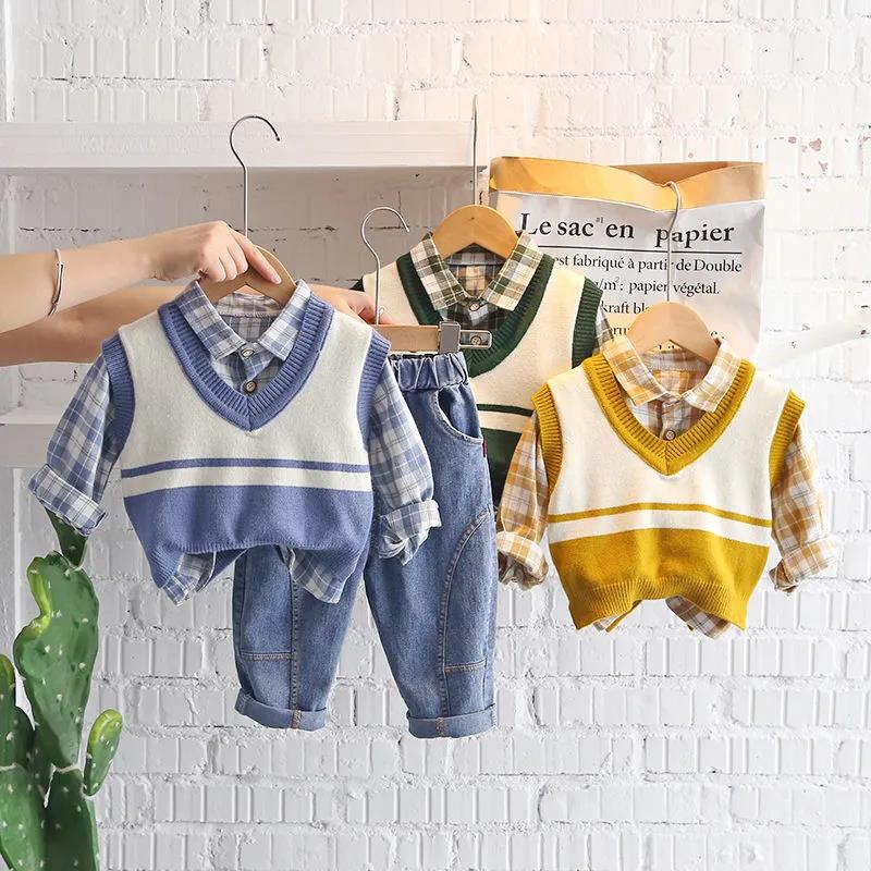 Children's Clothing Boys and Girls Spring and Autumn Suits Sweater Vest Children Three-piece Korean Casual Sets