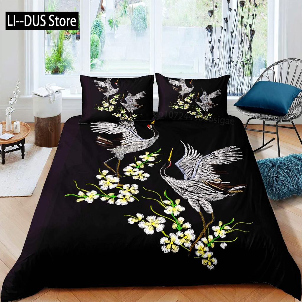 Comforter Crane Queen Size Japanese-Style Bedding Set Cherry Blossoms Pattern Women Girls Japanese Traditional