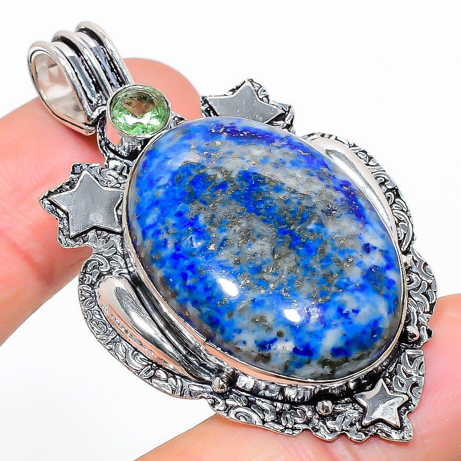 

Lapis Lazuli, Tsavorite Gemstone Handmade Ethnic Jewelry Pendant 2.25 VR-1767