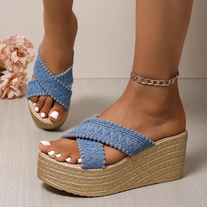 Fashion Woven Chunky Platform Sandals Women Fashion Cross Band High Heels Slippers Woman Plus Size Thick Sole Summer Sandles Mujer 42