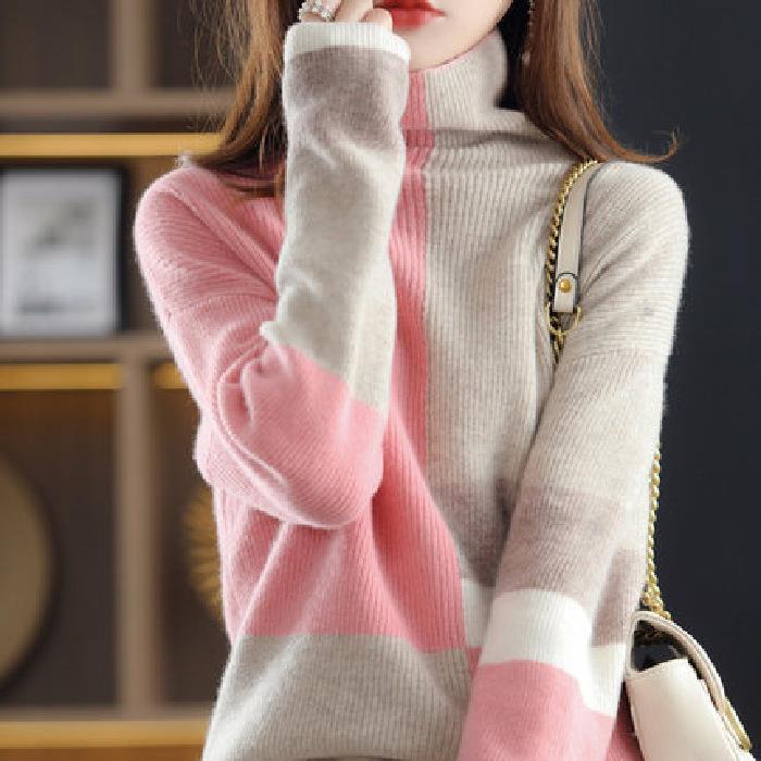

Multicolored Turtleneck Sweater for Women Loose and Laid-back Style Knitted Sweater Casual and Warm Pullover for Autumn and Winter S розовый