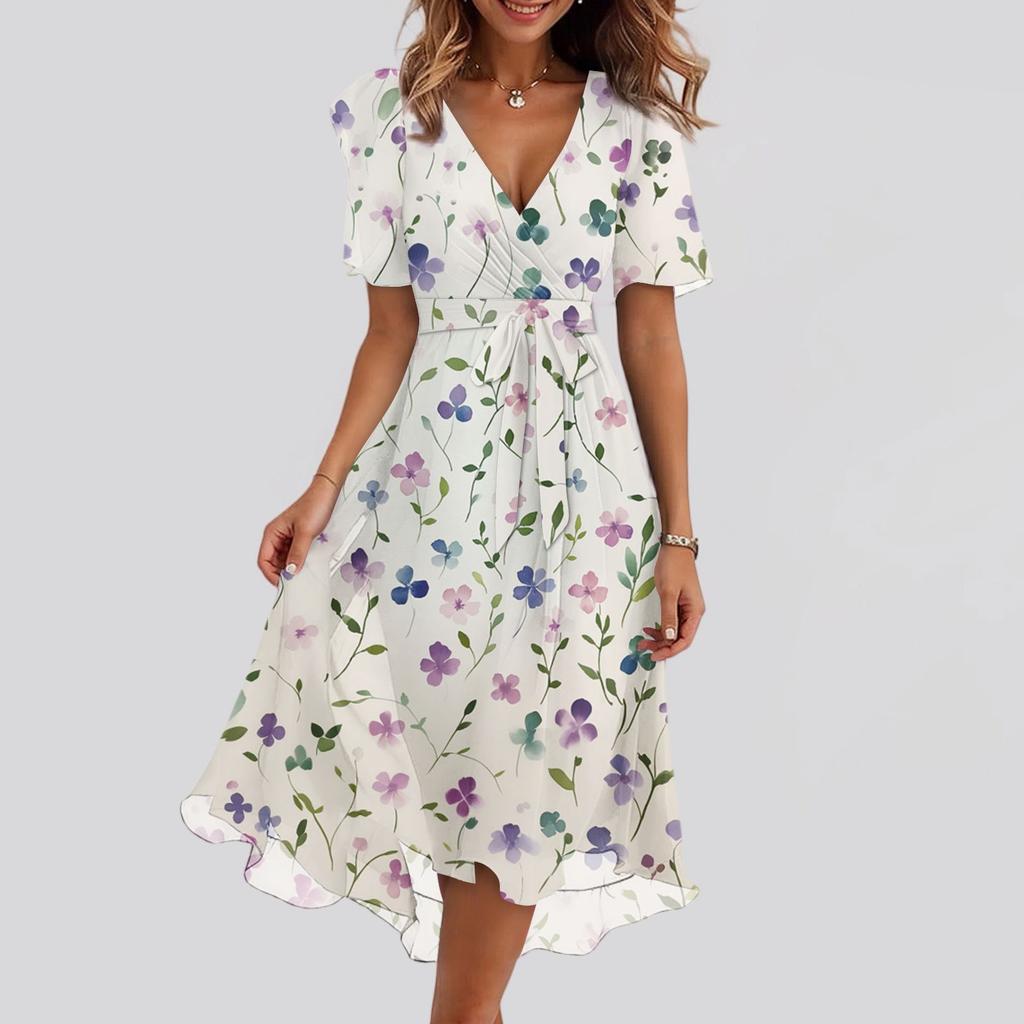Damen Sommer Blumenmuster Lässig Wickel V-Ausschnitt Rüschen Kapuze Kurze Ärmel Gürtel A-Linie Rüschensaum Midi Sommerkleid