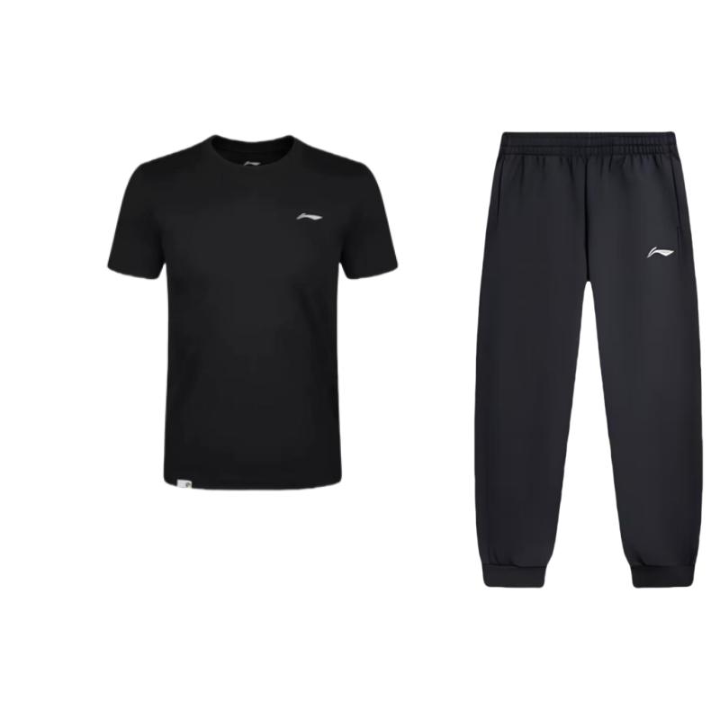 

Li-Ning Быстросохнущая футболка с коротким рукавом для фитнеса и дышащие прочные брюки, повседневный спортивный комплект для мужчин, черный цвет AKLU991-1+AHST575-1 M