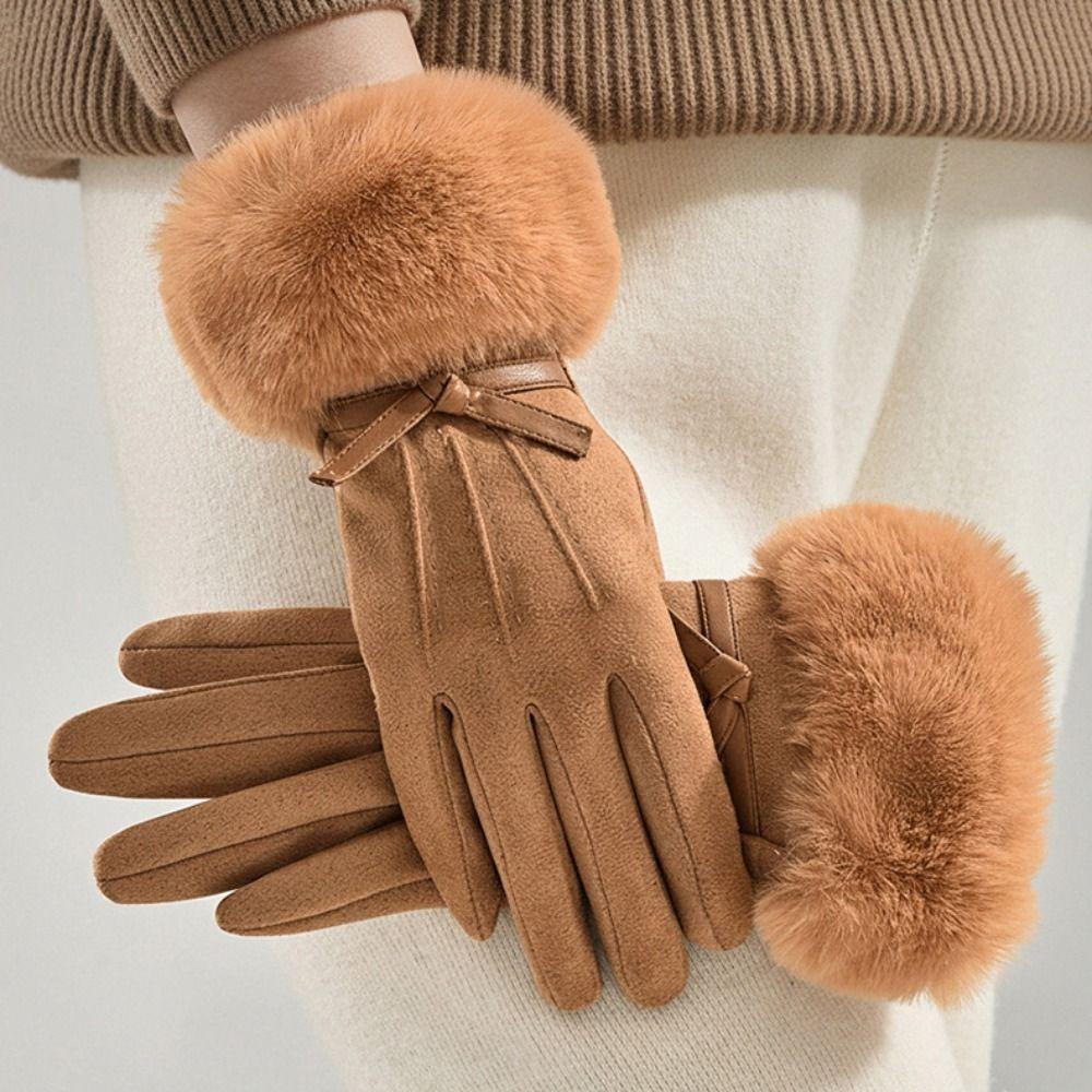 Velvet Pu Leather Gloves Bow Women Cycling Mittens All-Match Winter Suede Gloves Winter