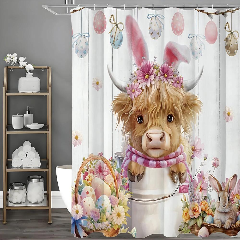 Highland Cow Shower Curtain, Pink, Western, Rustic, Cute, Farm, Bull, Floral, Flowers, Bathroom Decorative Shower Curtain, Water