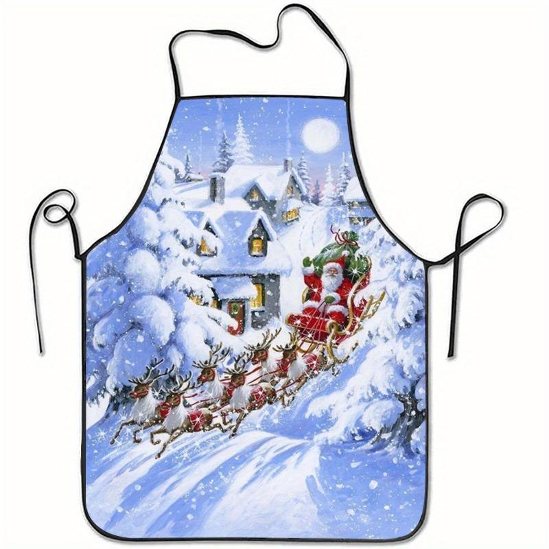 1pc Christmas Sleigh Print Sleeveless Polyester Apron, Holiday Kitchen and Home Baking Work Apron, Cover, Polyester Material, Holiday Cooking Accessor