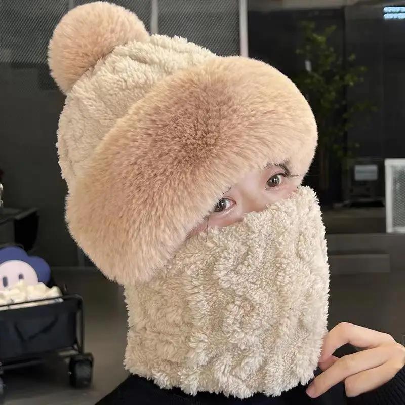 

Зимний Утепленный Набор Шапка-Шарф Женский Защита Шеи Плюшевый Помпон Теплый Фигурный Пушистый Защита Ушей Защита от Холода Шапка-Пуловер легкие хаки