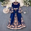 Vintage Evening Dress for Women Print Pleated Puff Sleeve Vestidos Button Designer Femme Robe Temperament Office Lady Ropa Mujer
