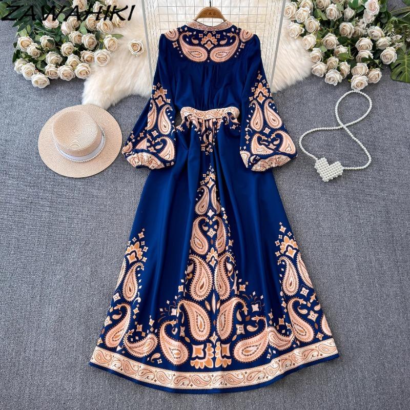 Vintage Evening Dress for Women Print Pleated Puff Sleeve Vestidos Button Designer Femme Robe Temperament Office Lady Ropa Mujer
