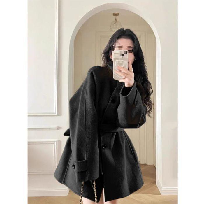 Women s Khaki Wool Coat: Petite Korean-Style, New for Autumn/Winter 2026 Medium