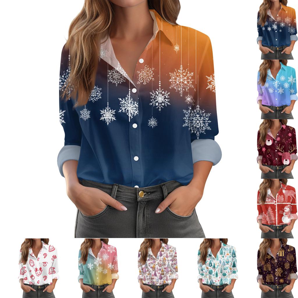 Women's Christmas Print Casual Half-Open Collar Long Sleeve Shirt