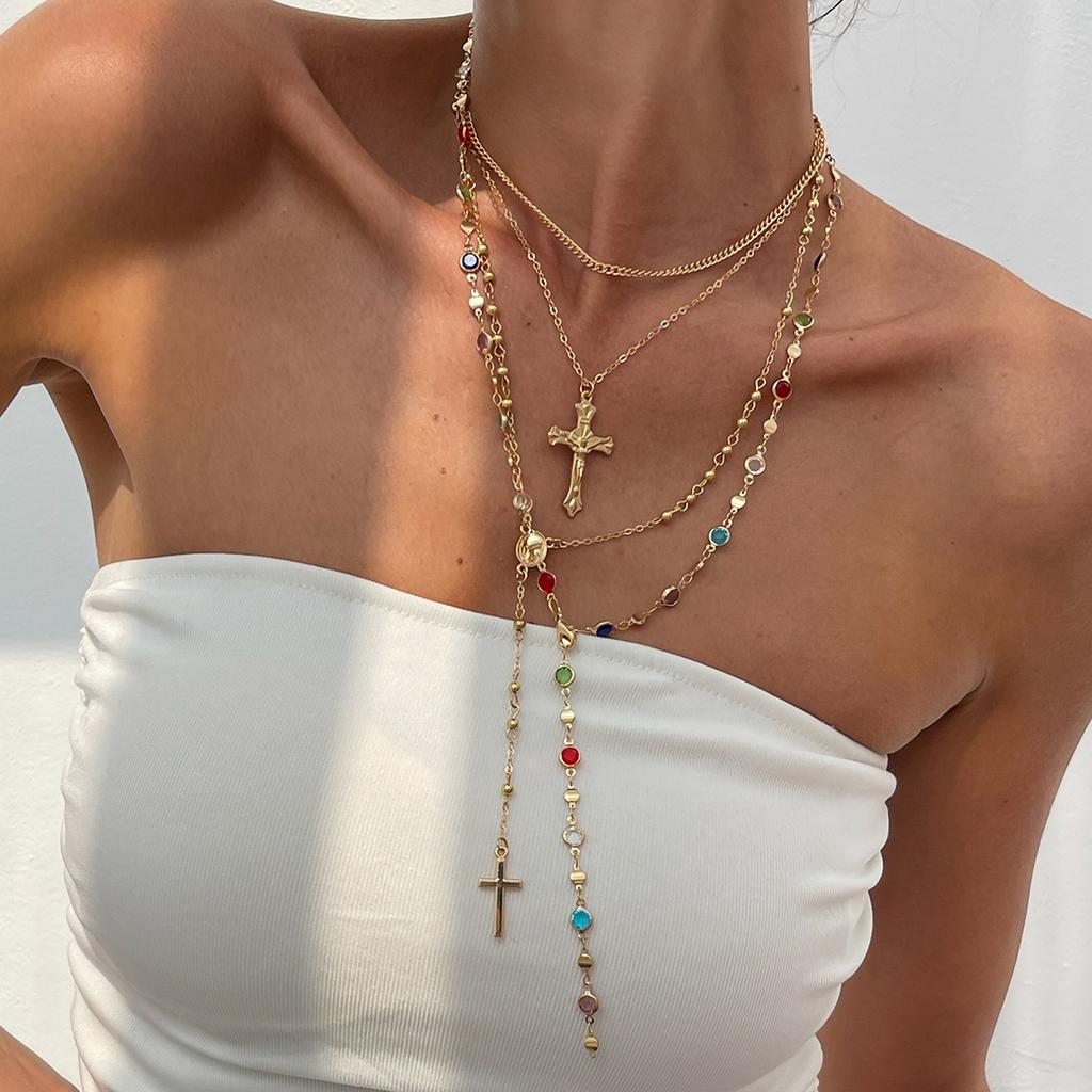 Jewelry 3-piece Set, Diamond-encrusted Cross Chain Necklace Set, Small Flower Crystal Copper-clad Iron Chain Neck Chain.