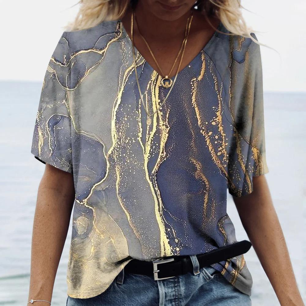 Summer V-neck 3D Marble Pattern Printed Top Fashionable Casual Short Sleeved Women's T-shirts