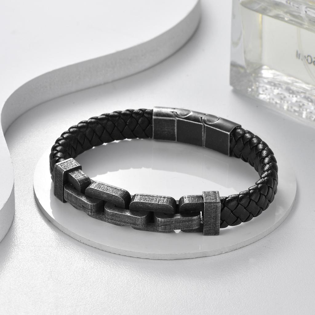 Accessories Men's Bracelet Wide Square Chain Splicing Leather Bracelet Accessories Stainless Steel Bracelet