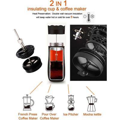 Travel French Press Coffee Maker 12oz Portable Double-Wall Stainless Vacuum Insulated Coffee Mug Perfect for Camping and Travel