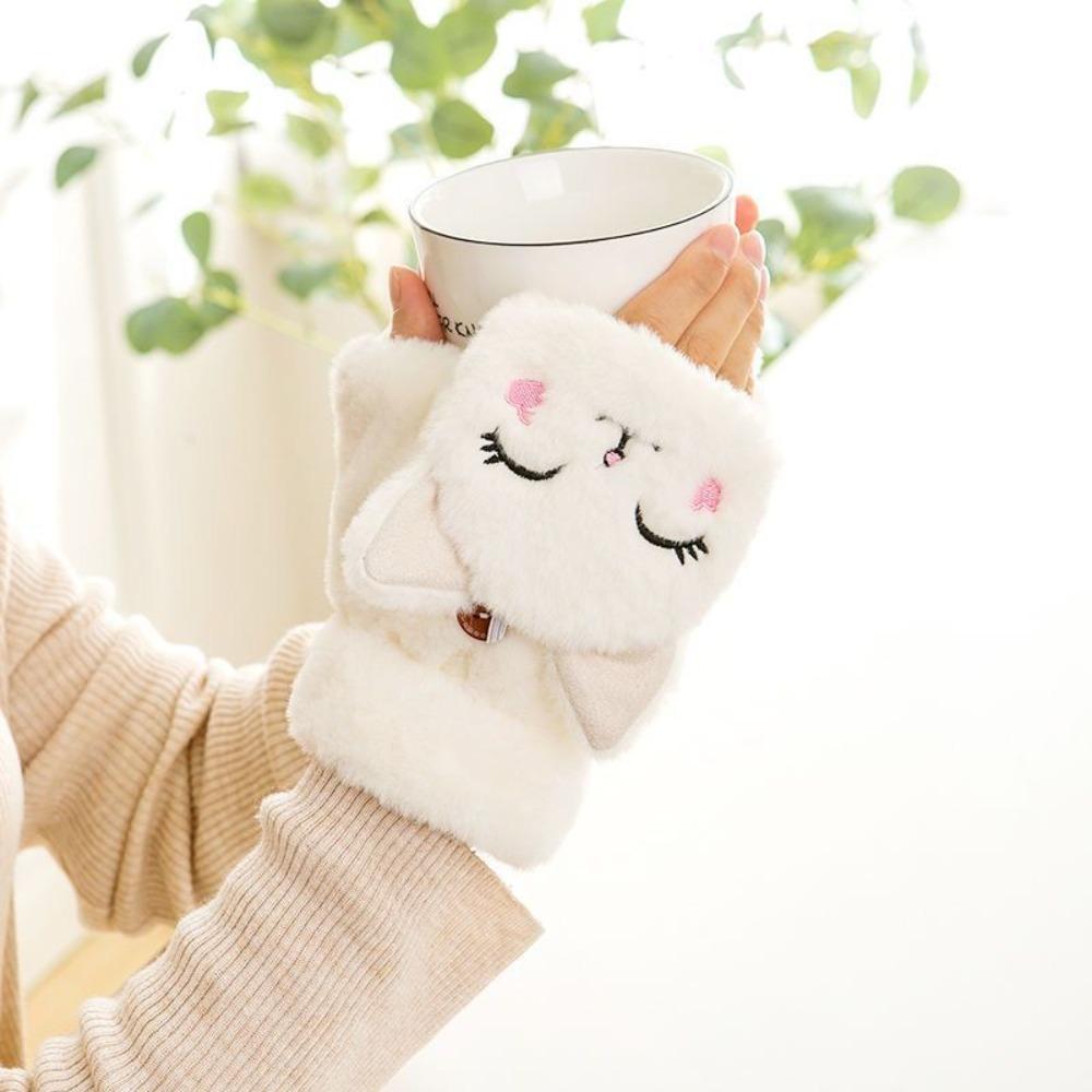 Gloves women's autumn and winter cute riding Korean version of trendy cartoon velvet thickened student male writing flip gloves keep warm