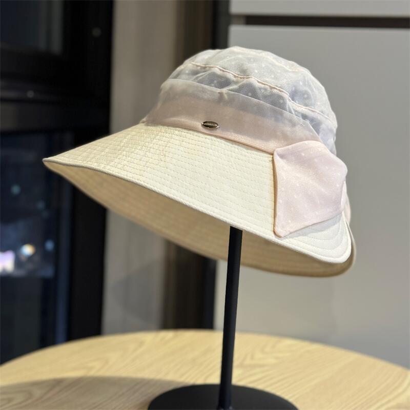 

New Summer Fashion Lace Mesh Bucket Hat, Breathable Wide Brim Hepburn Style Bowknot Sun Hat, Sun Protection Adult54-60Adjustable рожевий