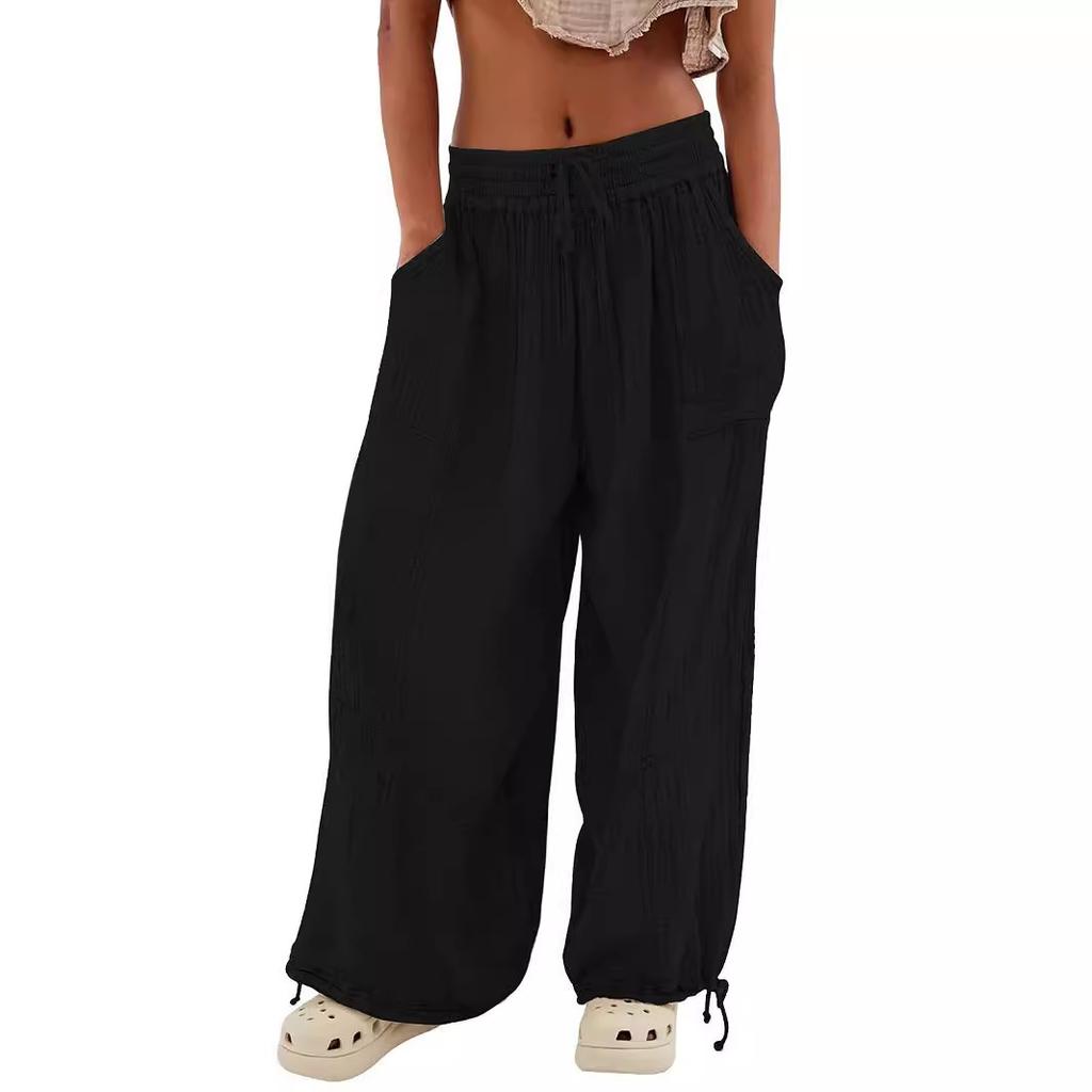 Women Harem Pants Summer Casual Vintage Cotton Linen Pants Elastic Waist Wide Leg Fashion Loose Pockets Female Trousers