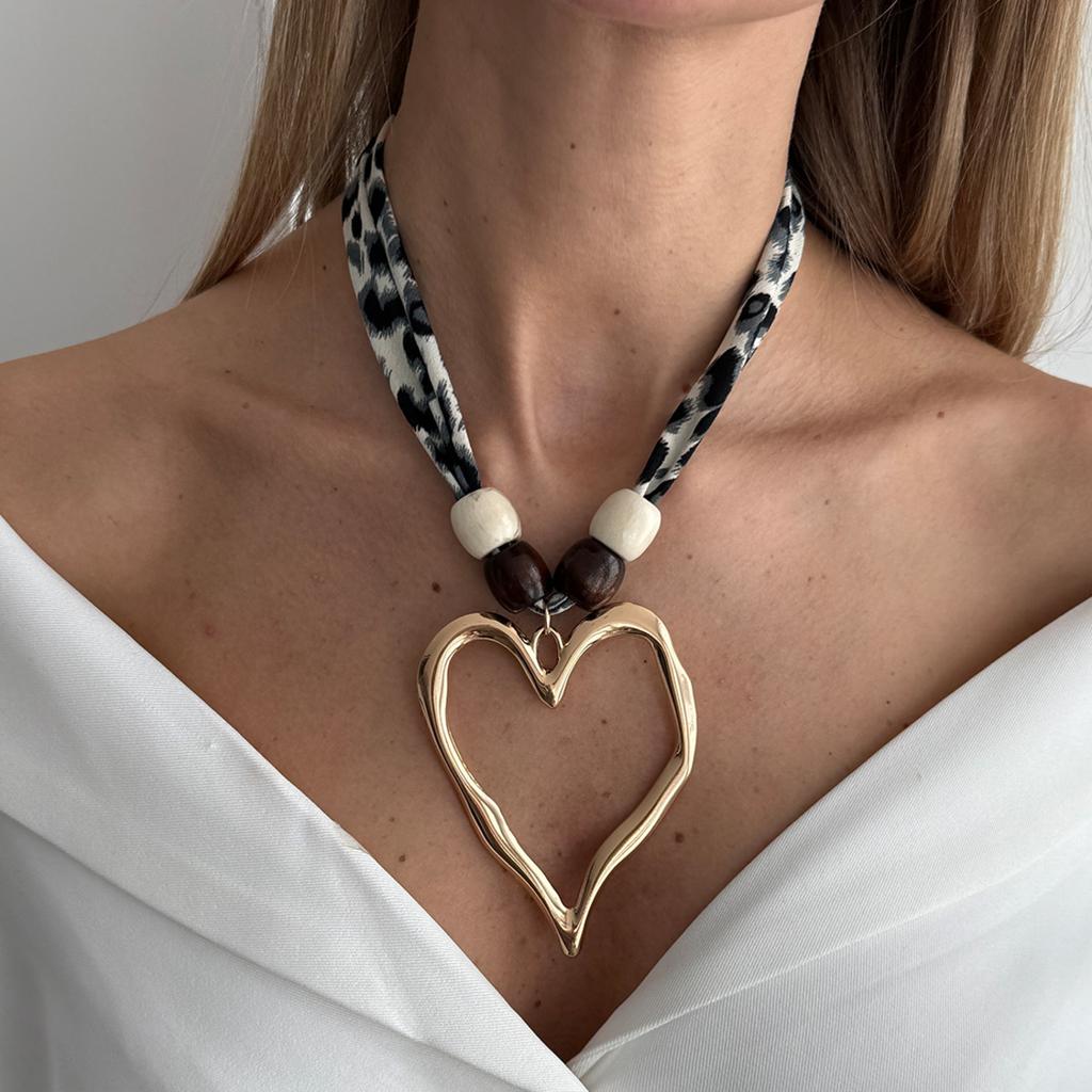 SHIXIN 2 Styles Fashion Hollow Big Love Heart Pendant Necklace for Women Vintage Leopard Chiffon Wood Bead Choker Necklace Gift