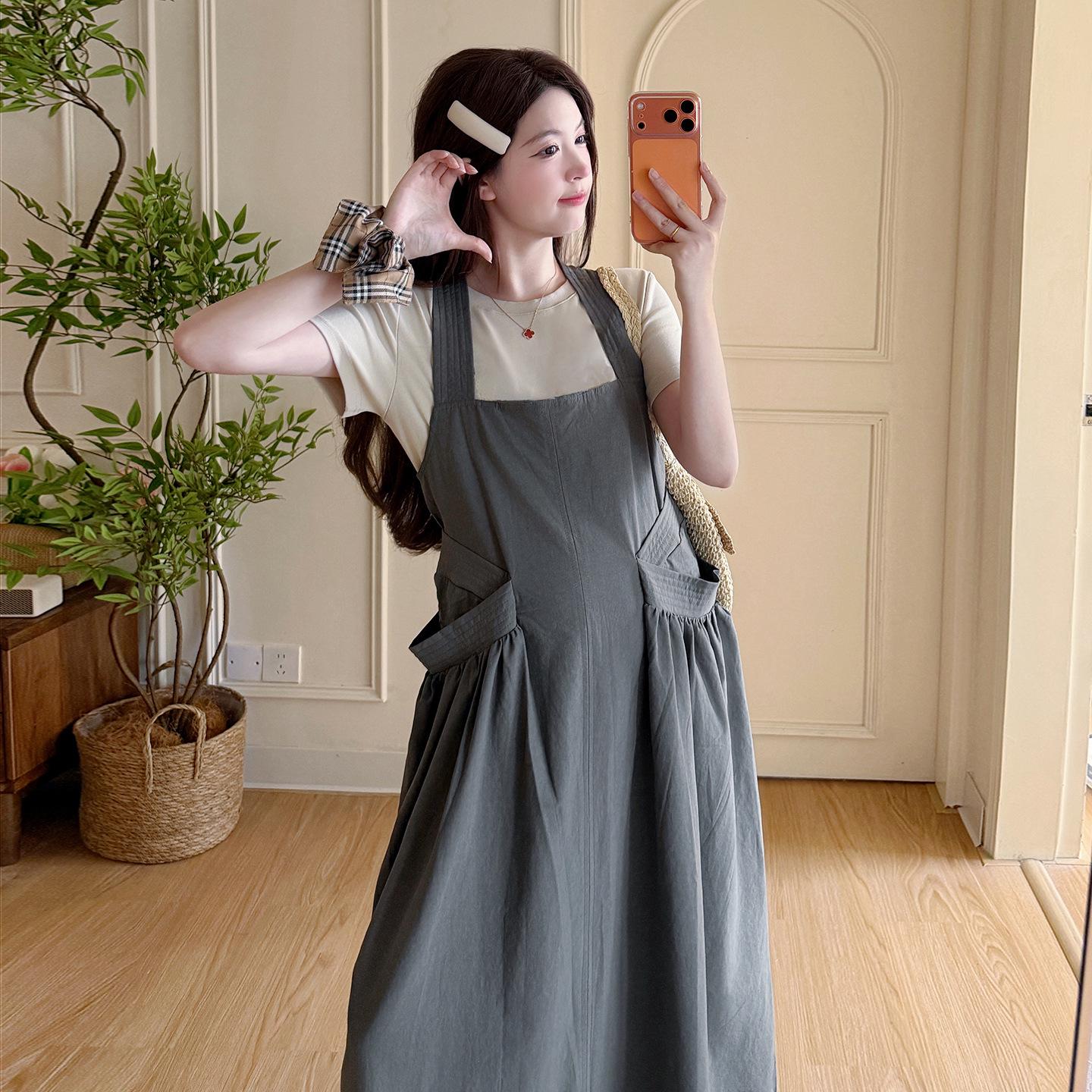 2026 Summer Maternity Fashion: Two-Piece Set - Short-Sleeve T-shirt & Twisted Halter Vest Dress M