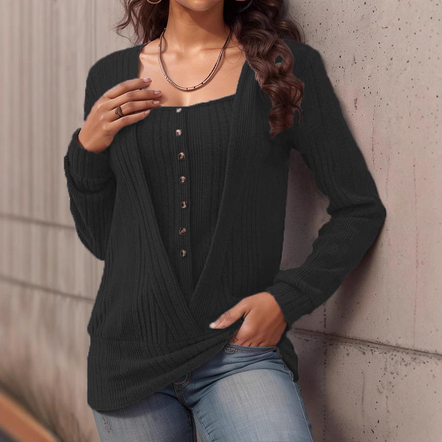 2024 New Autumn Winter Women Blouse Fashion Long Sleeve Fake Two-Piece Button T-Shirt Casual Solid Color Square Collar Loose Top