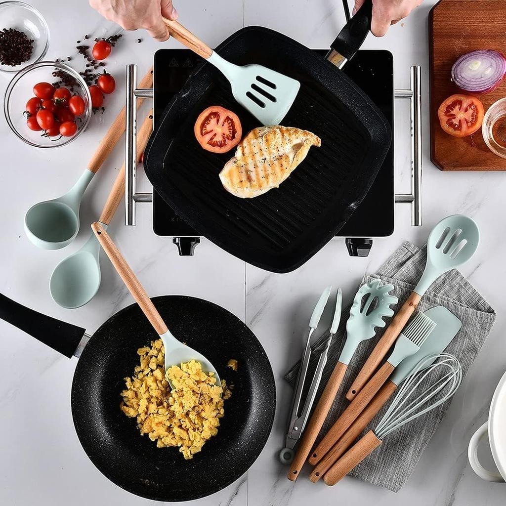 Cooking Utensils Kitchen Utensil Set, 12 PCS Wooden Handle Nontoxic BPA Free Silicone Spoon Spatula Turner Tongs Kitchen Gadgets Utensil Set