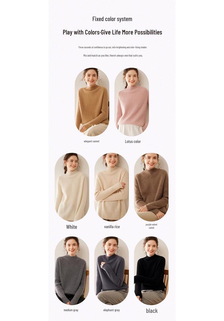 Women's Slim-Fit Ribbed Cashmere Sweater - Half-High Neck Knit Top for Autumn and Winter