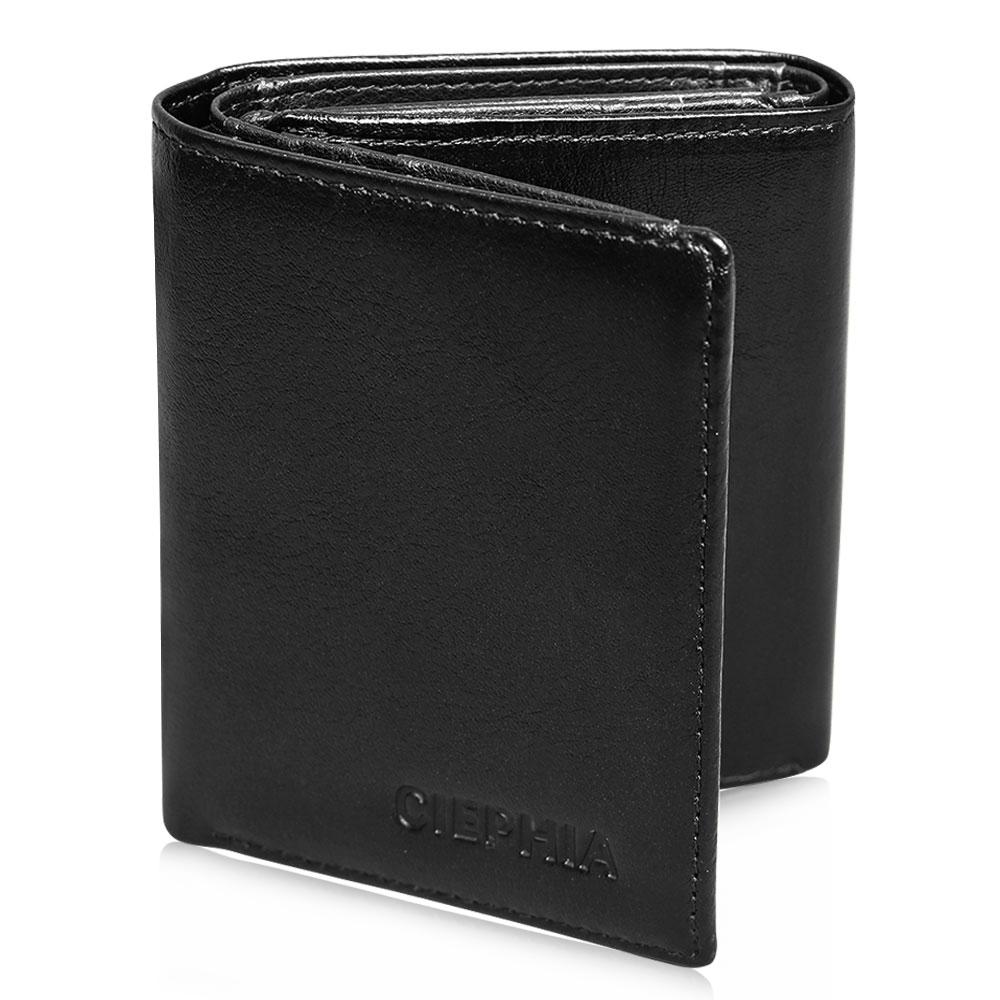 

Мужской винтажный кожаный кошелек тройного сложения большой вместимости - откидной держатель для окна с блокировкой RFID, классический верхний слой из натуральной коровьей кожи без плетения чёрный