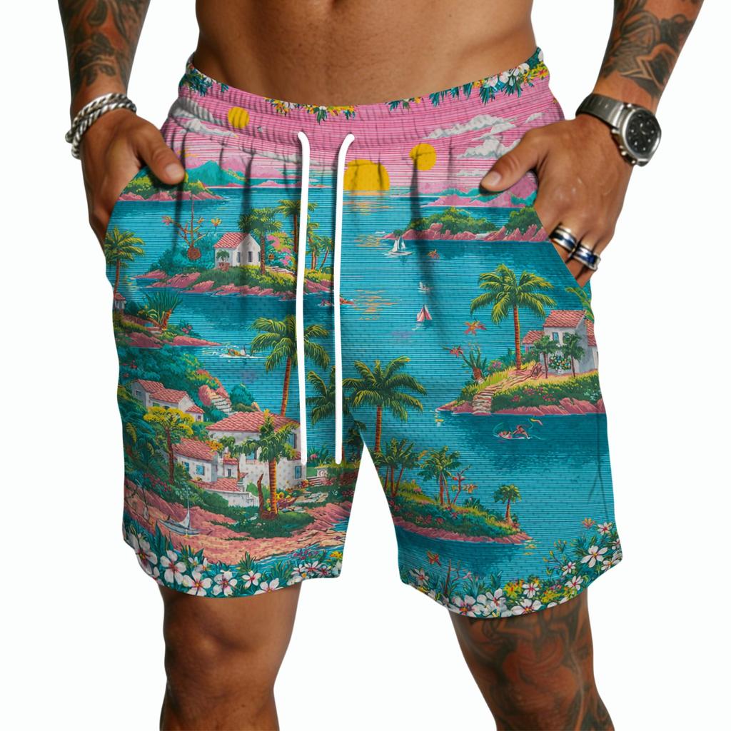 Mens Casual Drawstring Shorts Lightweight Quick Dry Five Inch Shorts with Elastic Waistband and Hawaiian Print for Summer Beachwear
