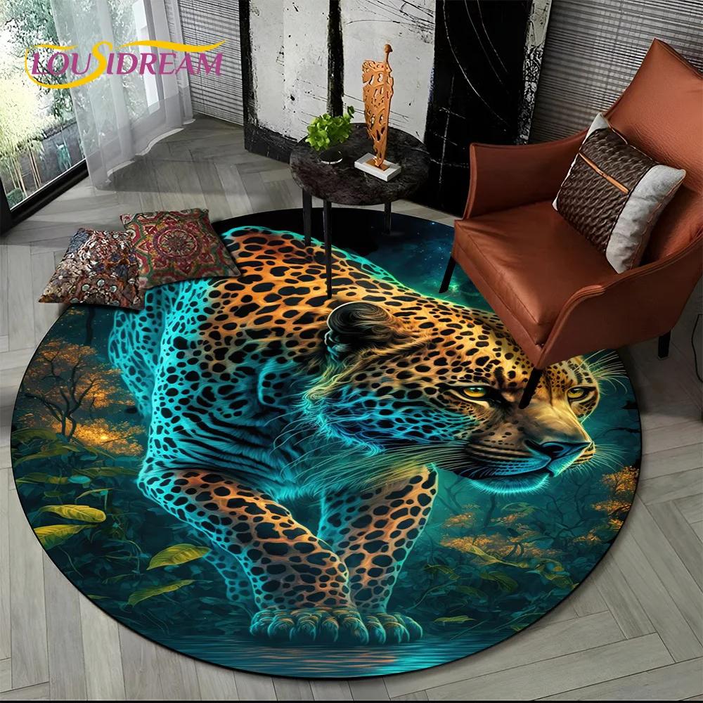 Animal Wildlife Cartoon Beast Tiger Lion Leopard Round Carpet Rug for Living Room Bedroom Child Decor,Pet Area Rug Non-slip Mat