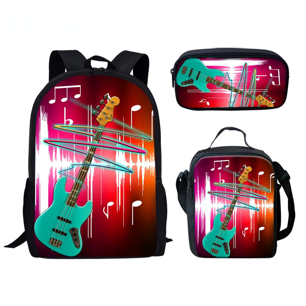 Zaino Scuola per Bambini Zaino per Laptop Zaino Giornaliero Borsa Pranzo Astuccio Musica Chitarra Stampa 3D Novità Divertente Cool di Lusso 3pz/Set