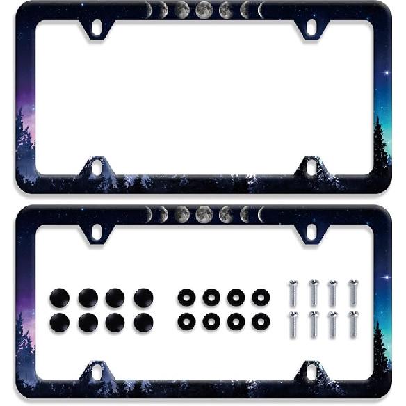 Moon License Plate Frame Starry Sky Moon Phases License Plate Stainless Steel Car Accessory Personalize Funny License Plate Holes Screws Decorative