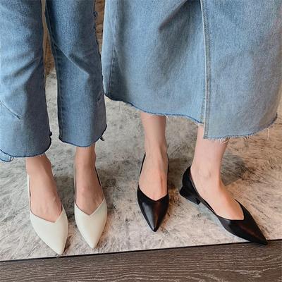 Low-heeled Leather Women's Shoes  New Pointed-toe Thick-heeled Single Shoes Women Korean Version Simple Solid Color Shoes Women