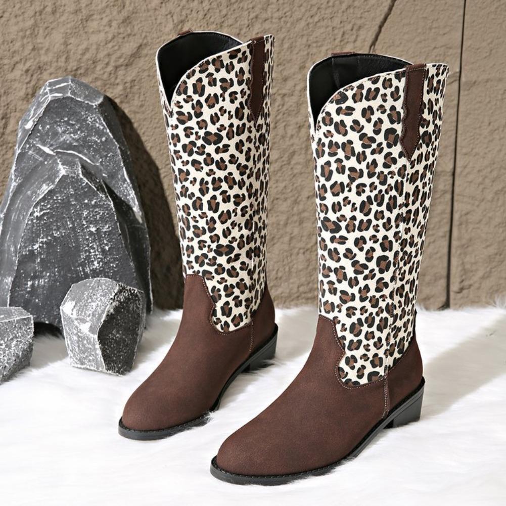 Fashion Women's Fashionable Leopard Print Suede Mid-tube Boots New European Temperament Outdoor Boots Beautiful Commuter Large-size Boot